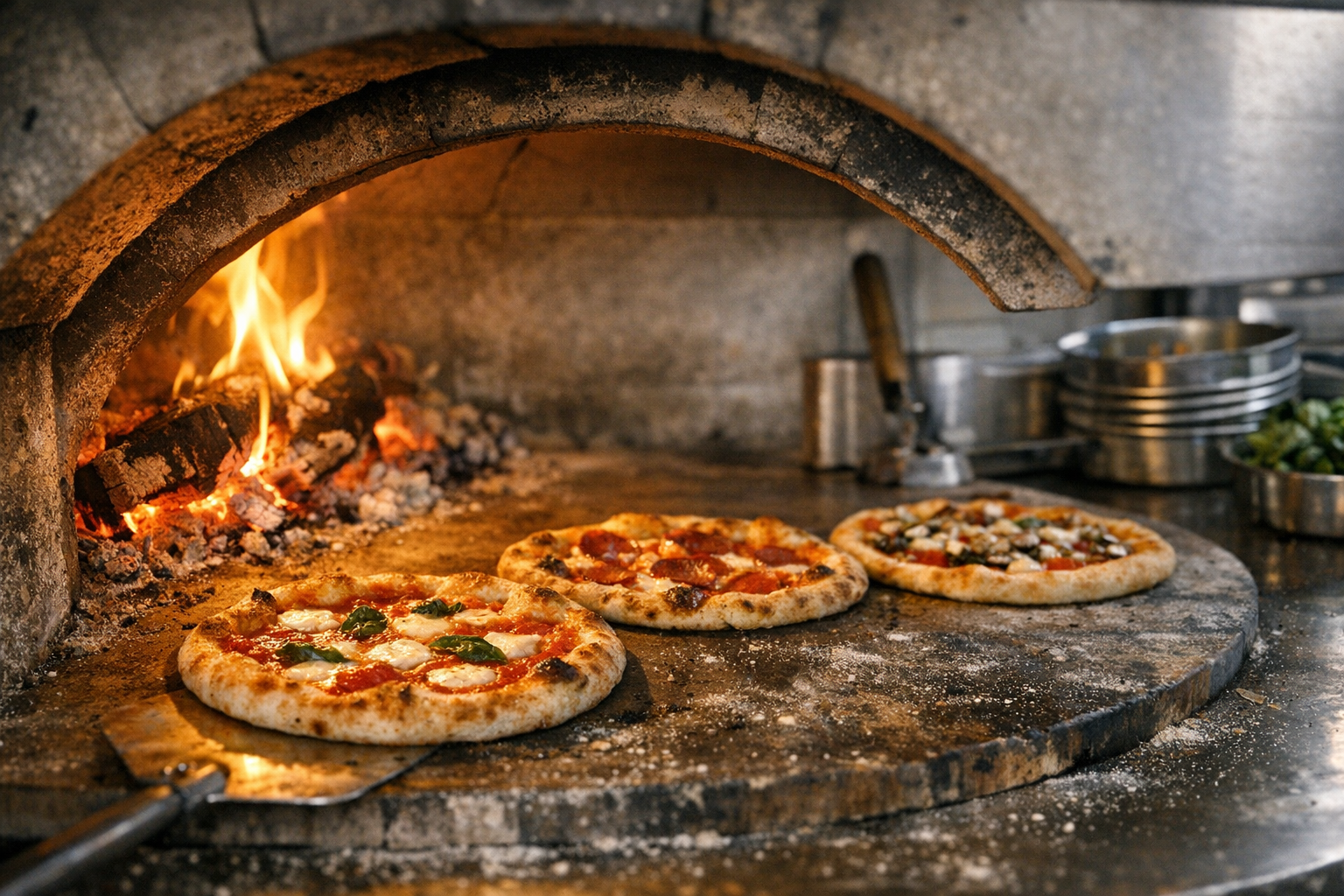 Pizza oven interior with baking pizzas