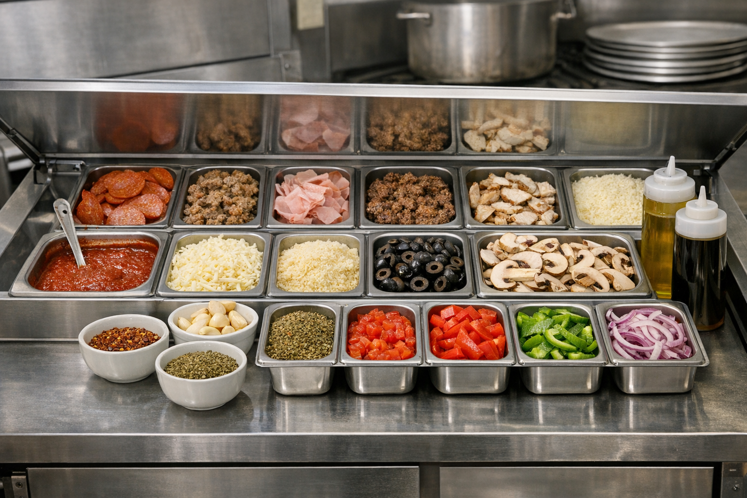 Organized ingredient preparation station with toppings in containers