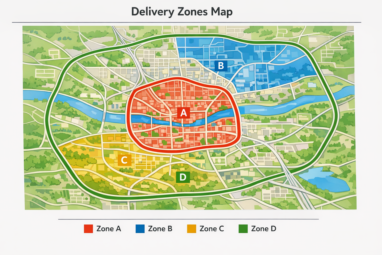 Delivery zones map with color-coded areas