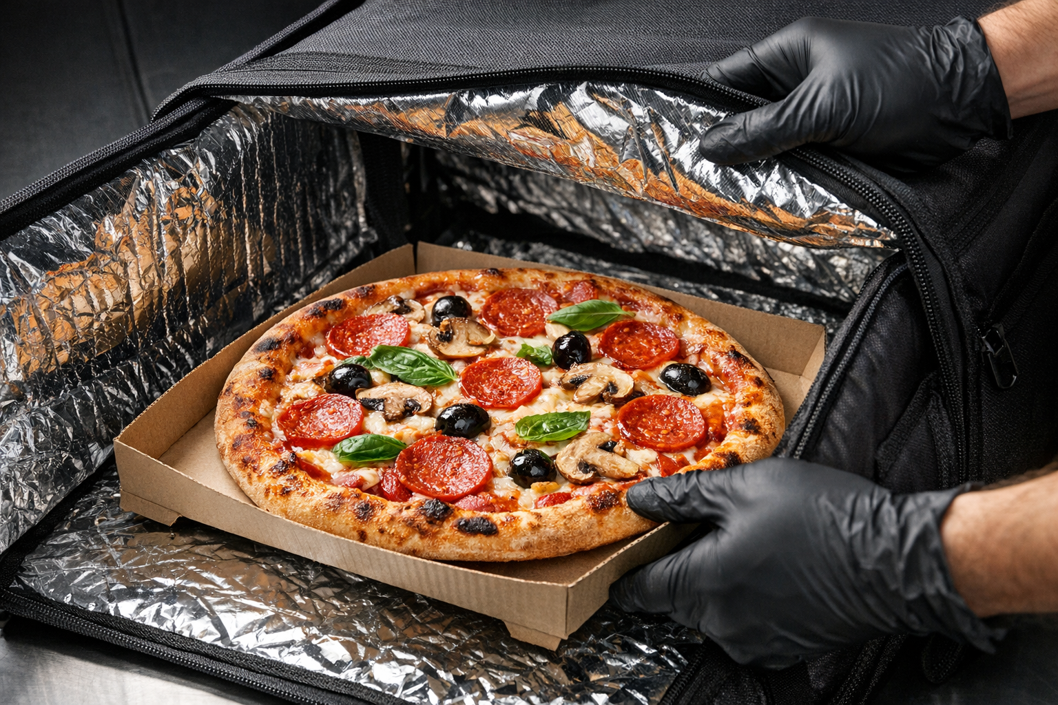 Pizza being placed in delivery bag