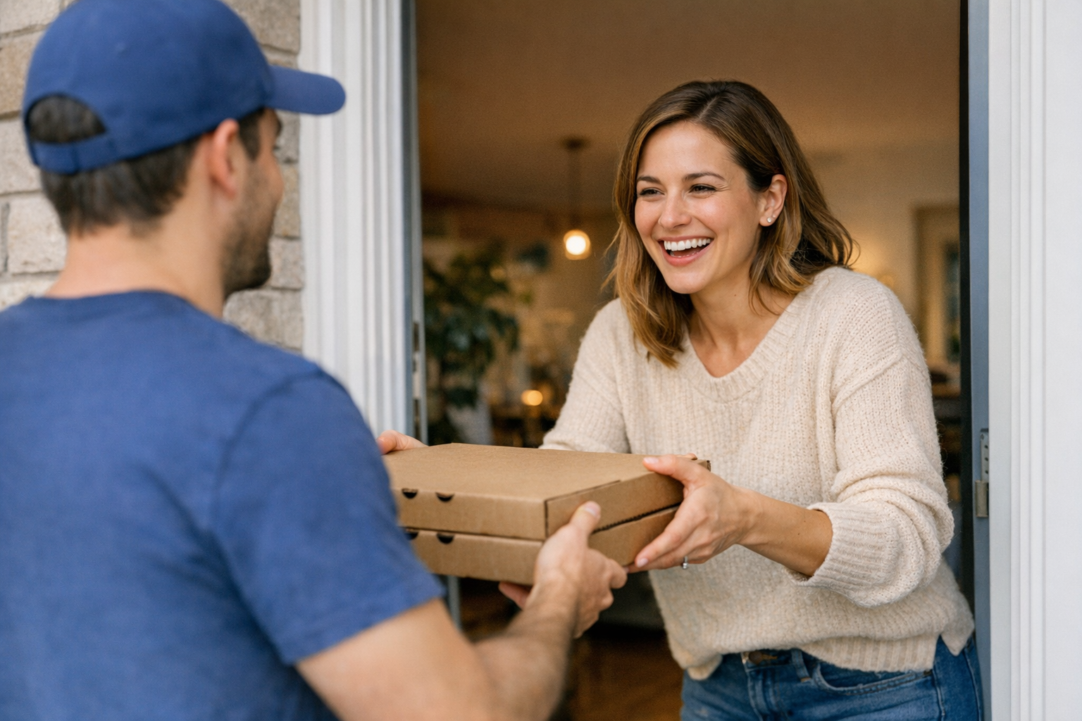 Person receiving pizza delivery at front door