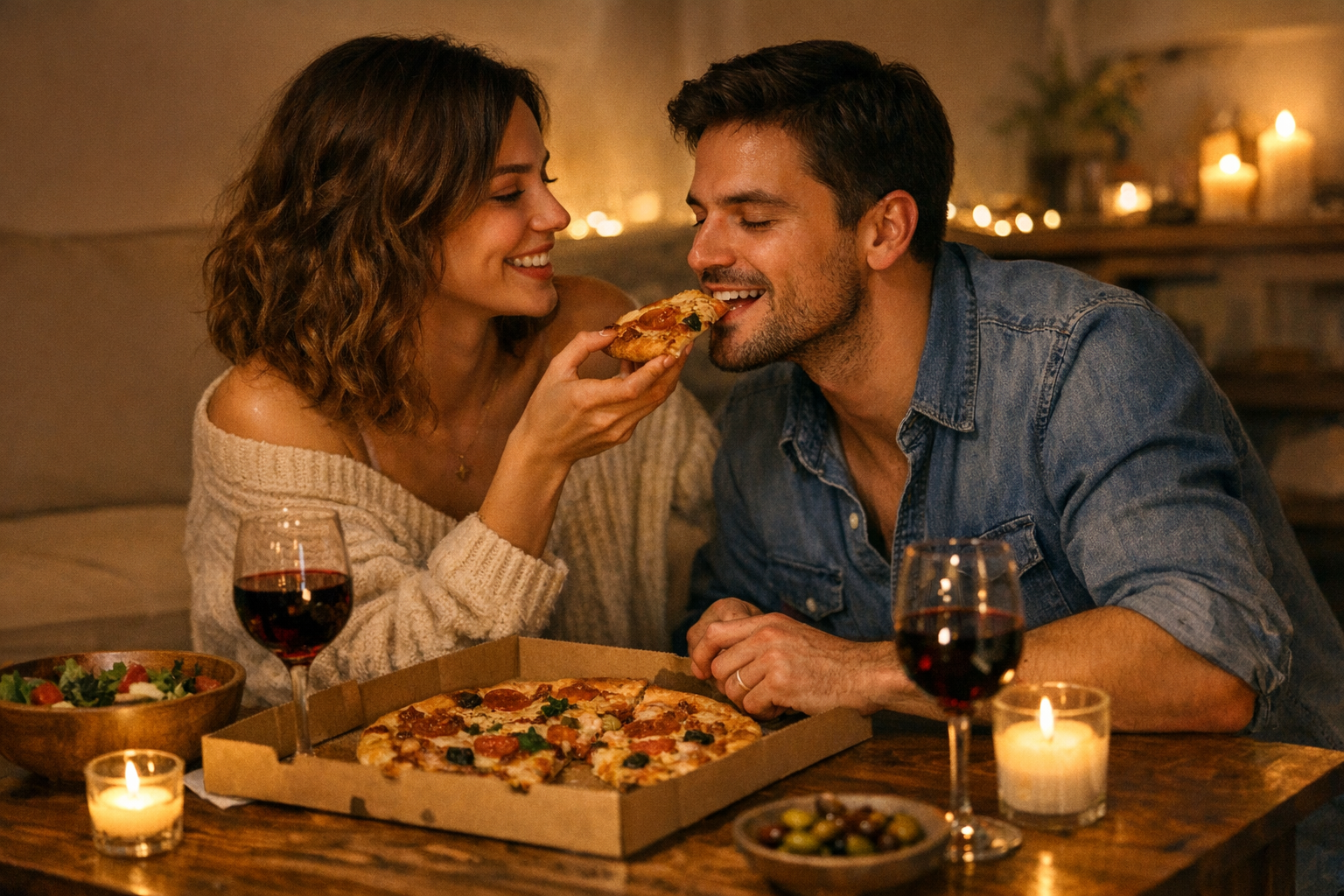 Young couple sharing pizza at home