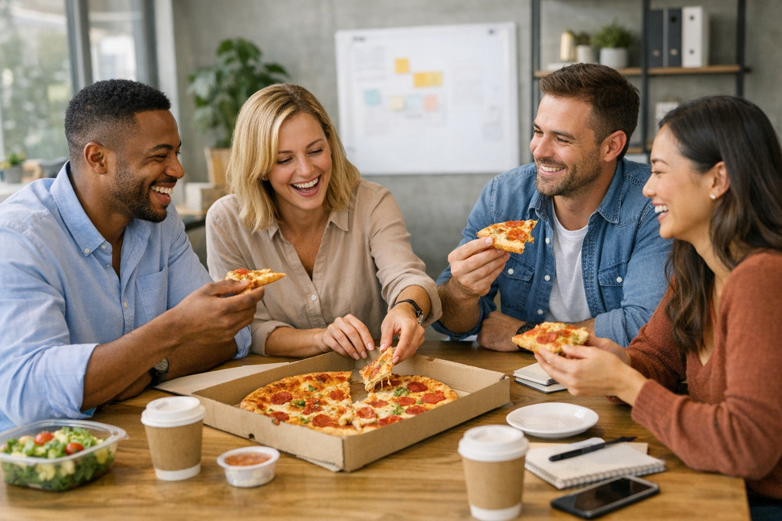 Colleagues sharing pizza during office lunch break