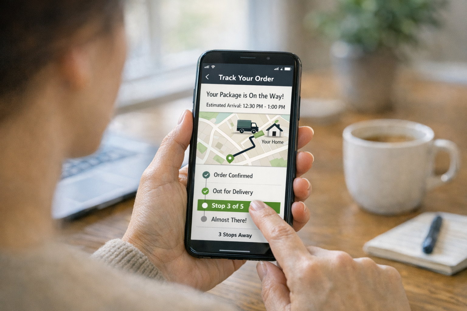 Person checking delivery tracking app on phone