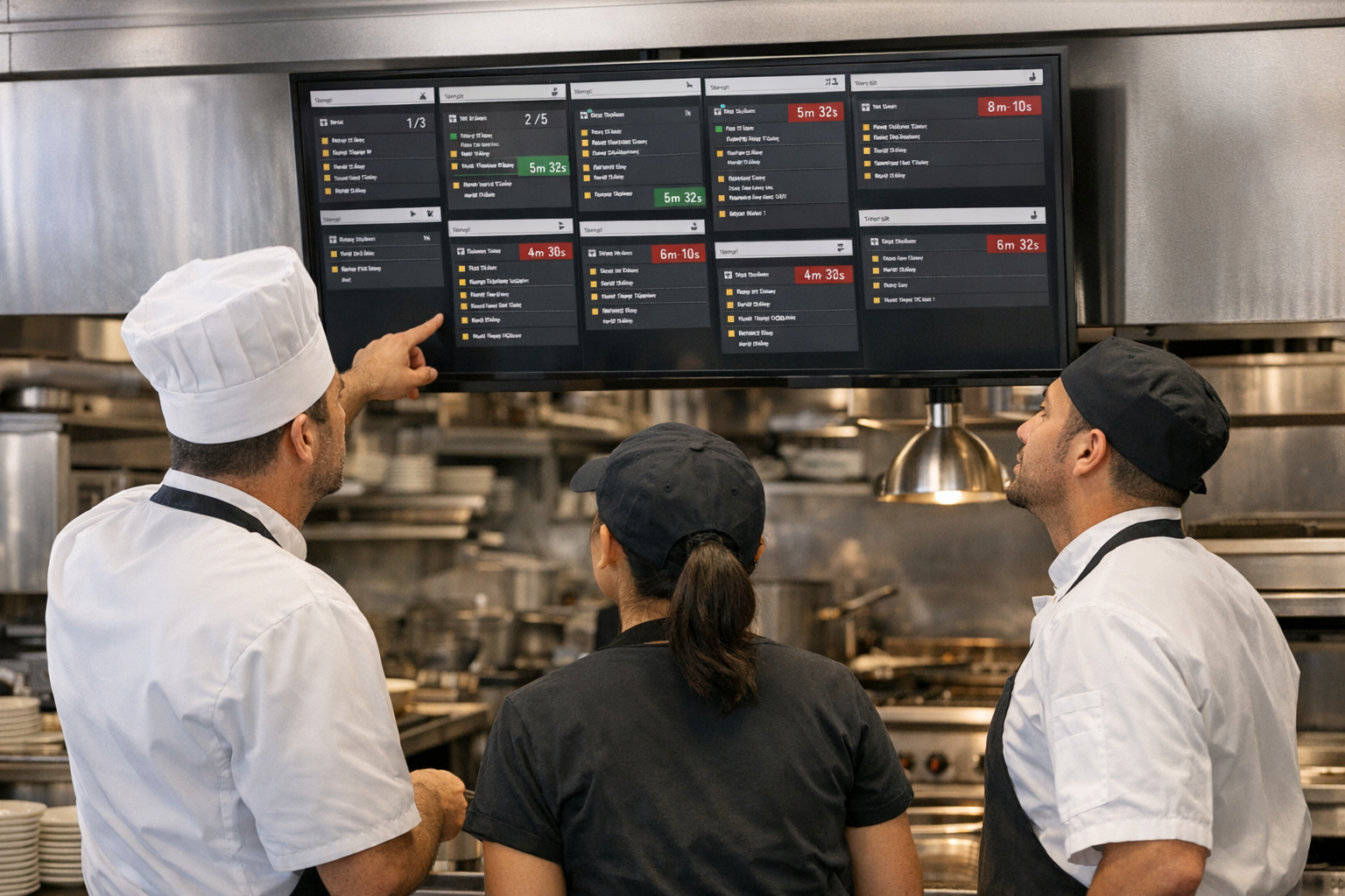 Kitchen staff checking order tickets on digital display screen