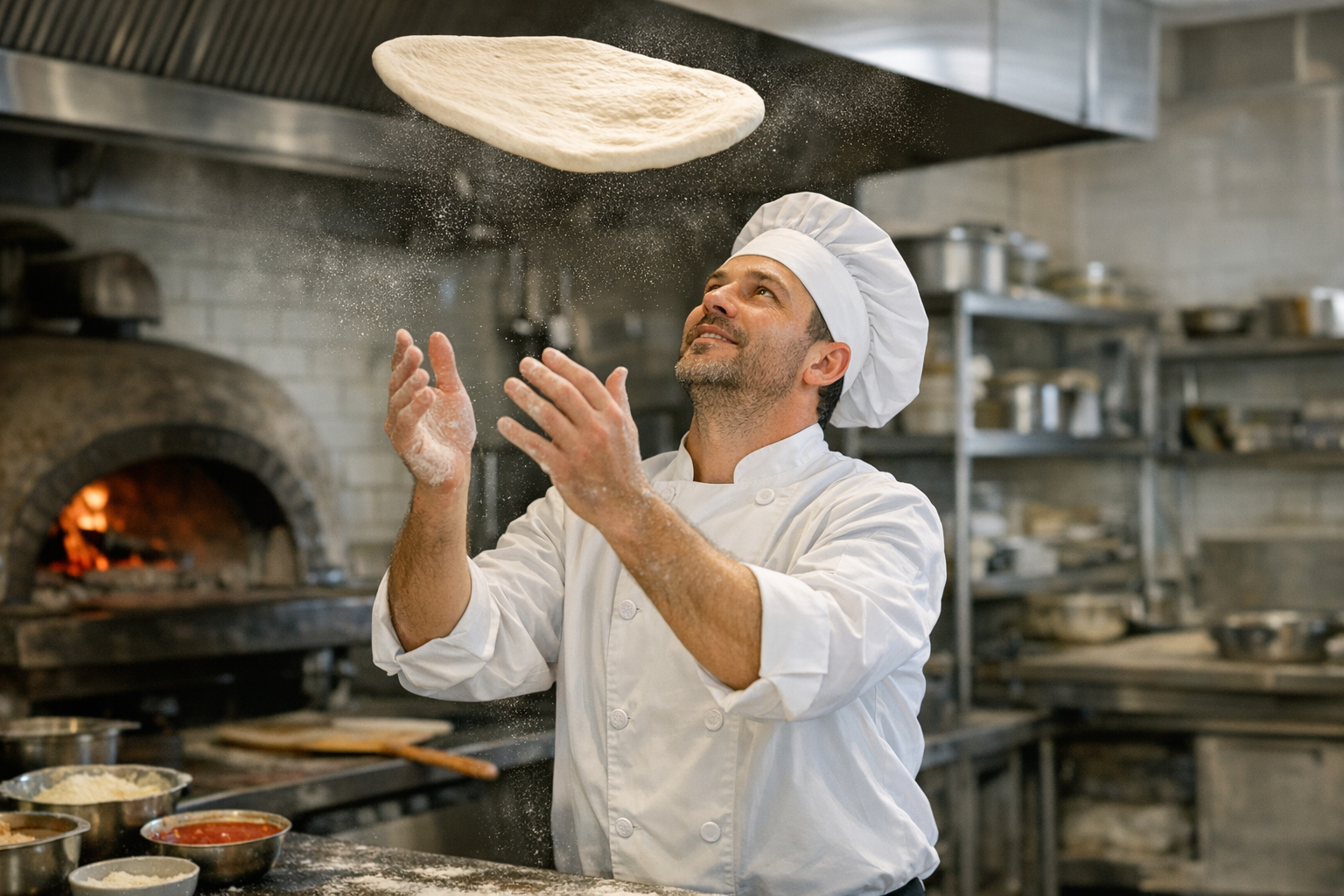 Chef tossing pizza dough in commercial kitchen