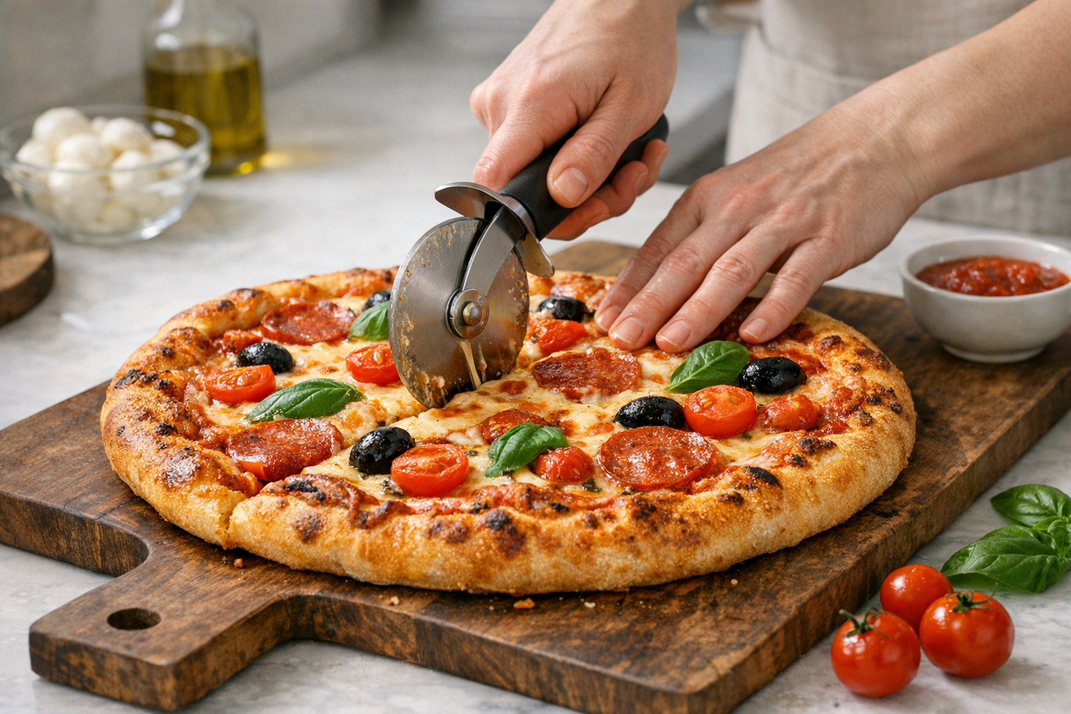 Freshly baked pizza being sliced